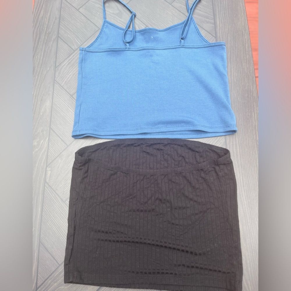 Two American Eagle tops: olive tube top & blue tank. Size Large